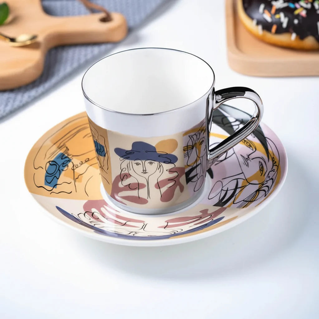 ZenSands Nordic Picasso Lion Mirror Cup Saucer Set Anamorphic Porcelain Illusion Coffee Cup Gift