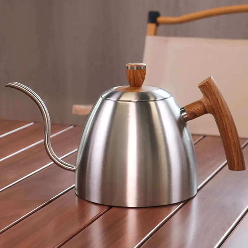 Gooseneck Pour Over Kettle 50oz 304 Stainless Steel Walnut Handle Minimalist Coffee Pot Gas Electric