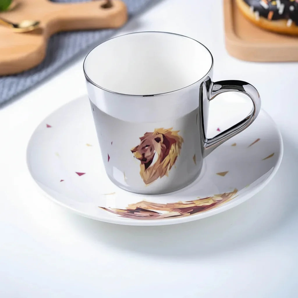ZenSands Nordic Picasso Lion Mirror Cup Saucer Set Anamorphic Porcelain Illusion Coffee Cup Gift
