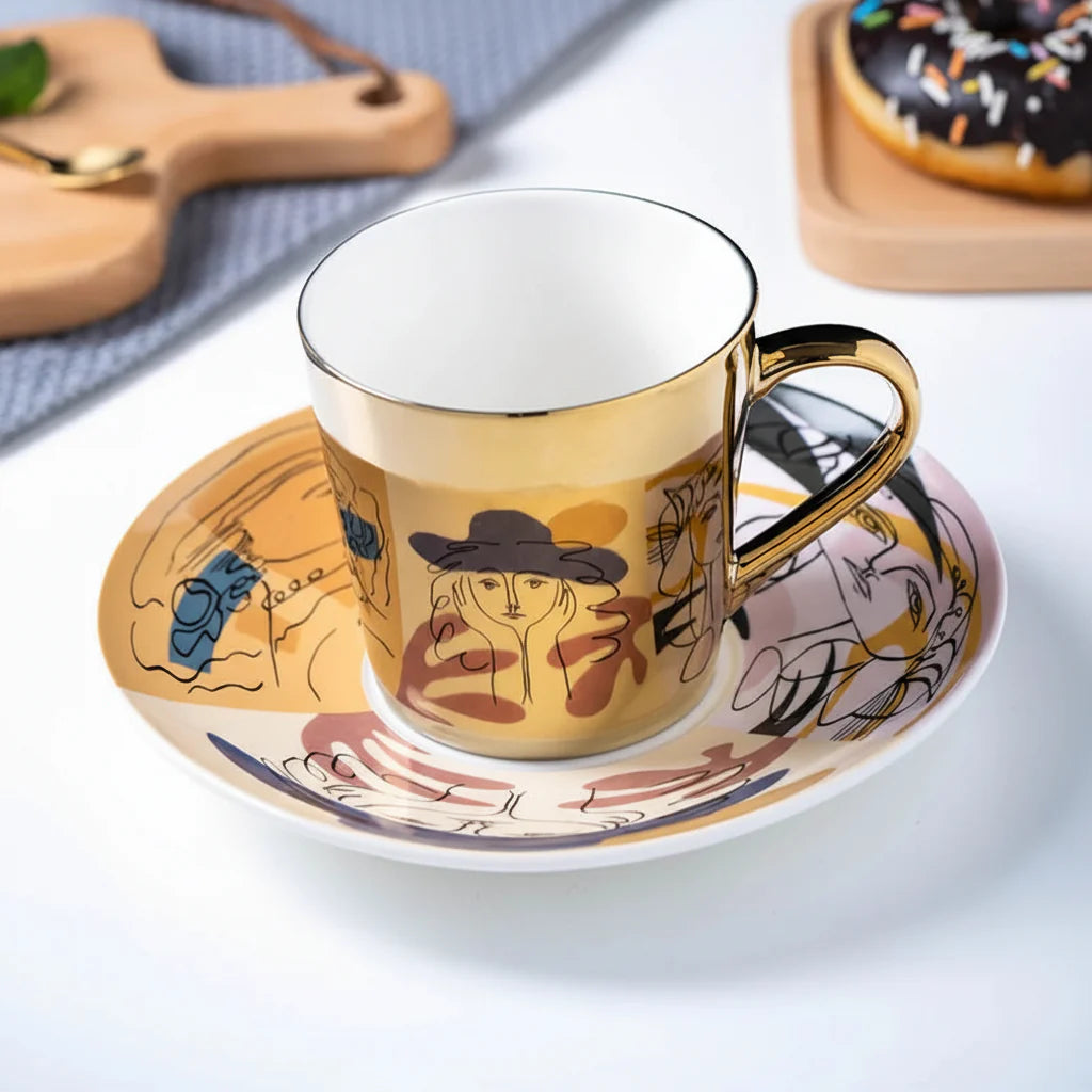 ZenSands Nordic Picasso Lion Mirror Cup Saucer Set Anamorphic Porcelain Illusion Coffee Cup Gift