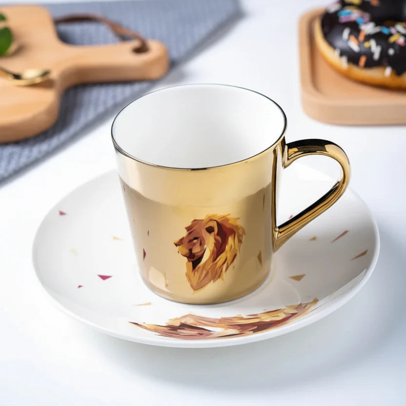 ZenSands Nordic Picasso Lion Mirror Cup Saucer Set Anamorphic Porcelain Illusion Coffee Cup Gift