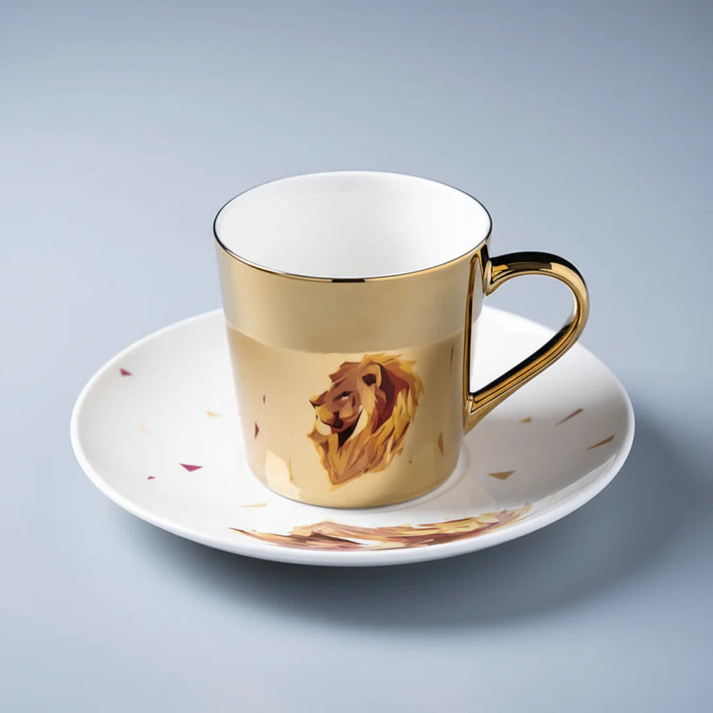 ZenSands Nordic Picasso Lion Mirror Cup Saucer Set Anamorphic Porcelain Illusion Coffee Cup Gift